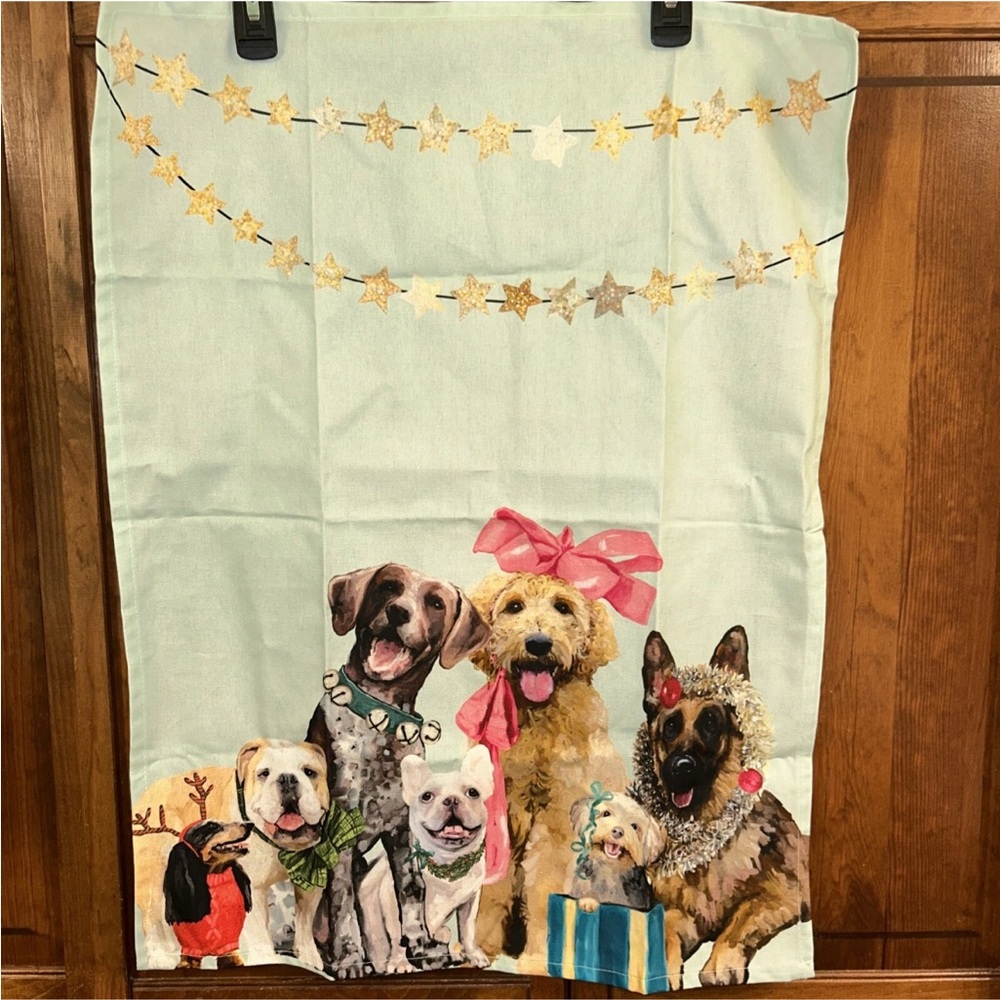 Festive puppy Christmas holiday party tea towel by Cathy Walter’s green box
